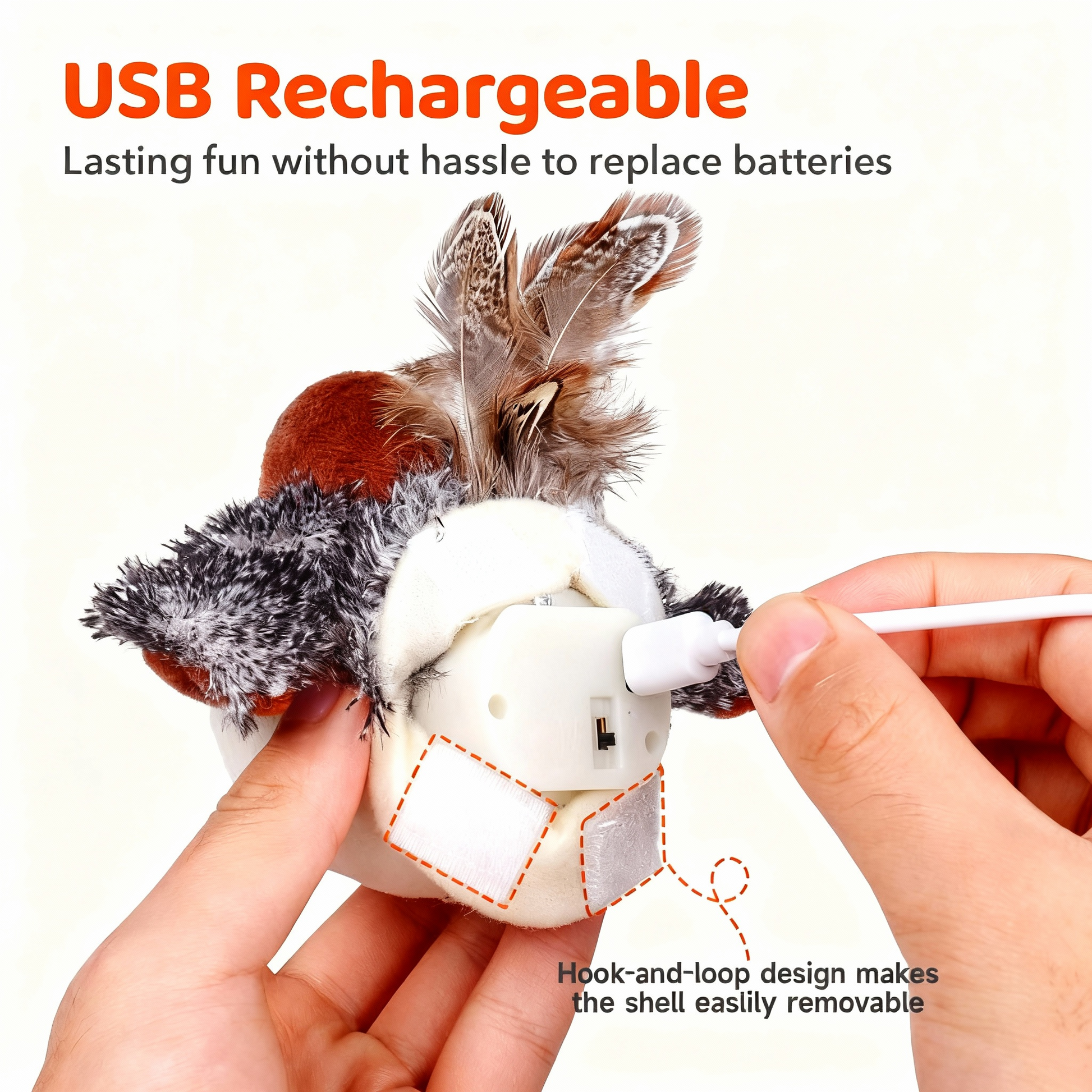 Interactive flying bird with USB recharge feature; easily removable shell for hassle-free charging.