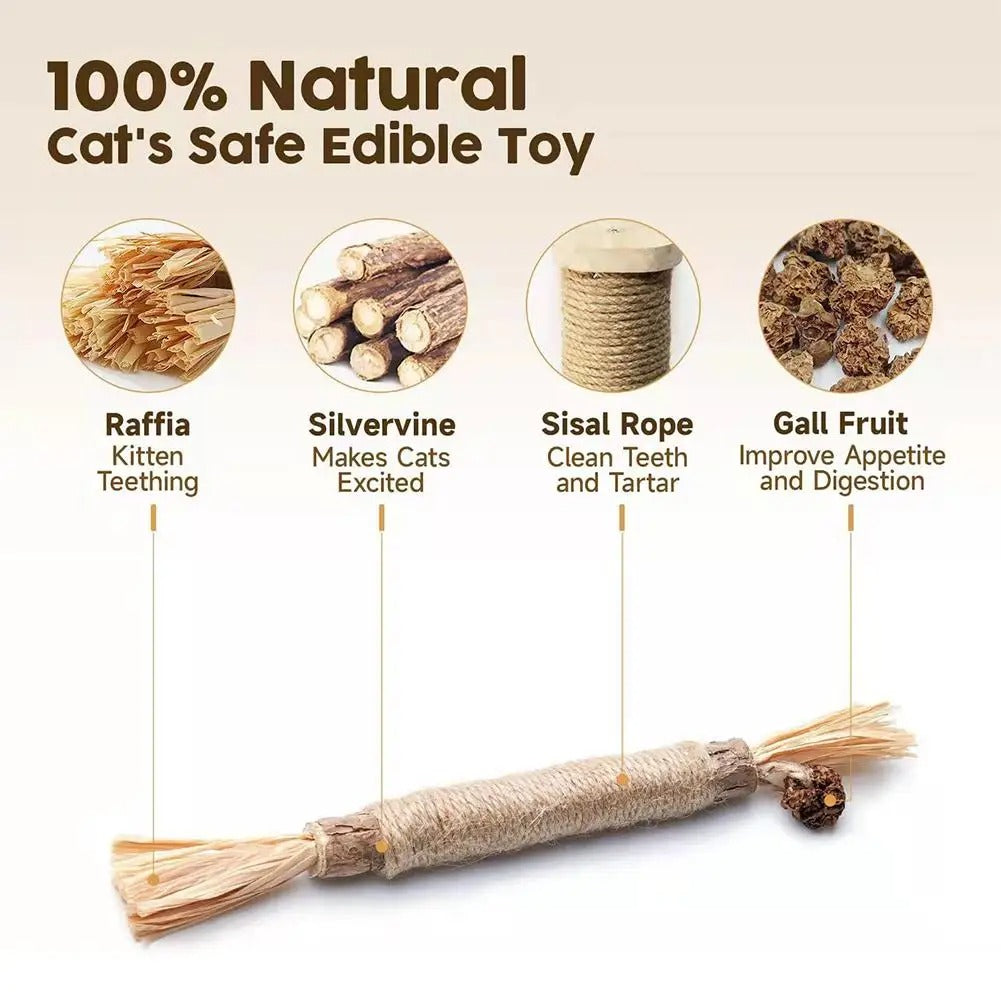 3 pack of natural cat dental sticks featuring raffia, silvervine, sisal rope, and gall fruit for dental health and digestion.
