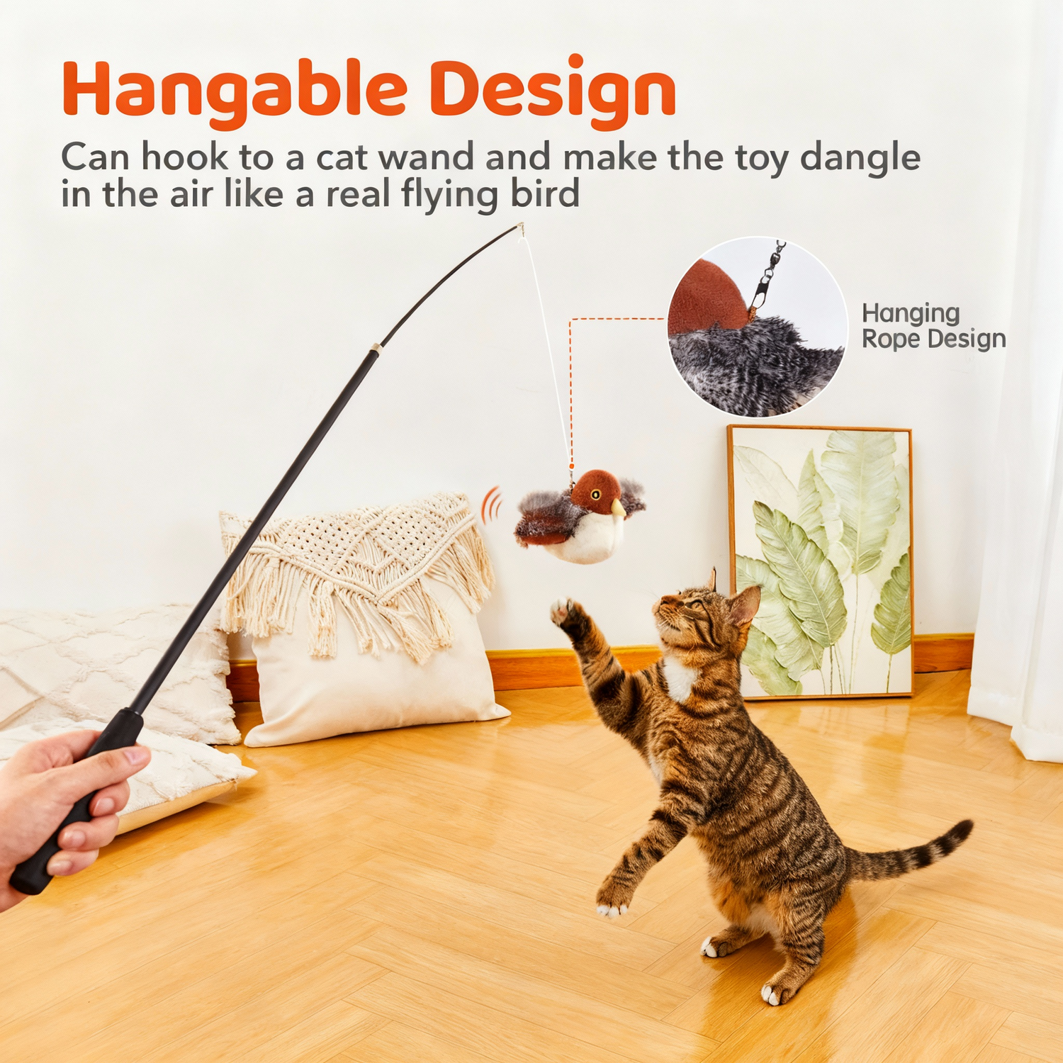 Interactive flying bird toy designed for cats, featuring a hangable design that attaches to a wand for playful engagement.