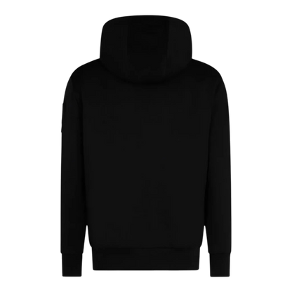 Black zip-up hoodie with a white fur-lined hood, featuring a classic design from Moose Knuckles.