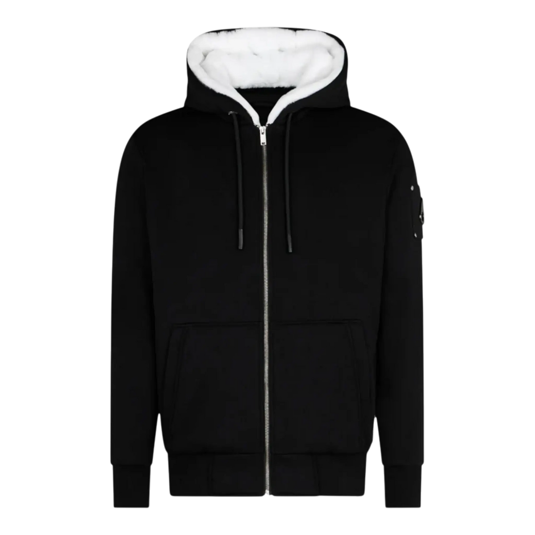 MOOSE KNUCKLES CLASSIC BUNNY MEN Zip-Up Hoodie in black with white fur lining, featuring a front zipper and side pockets.