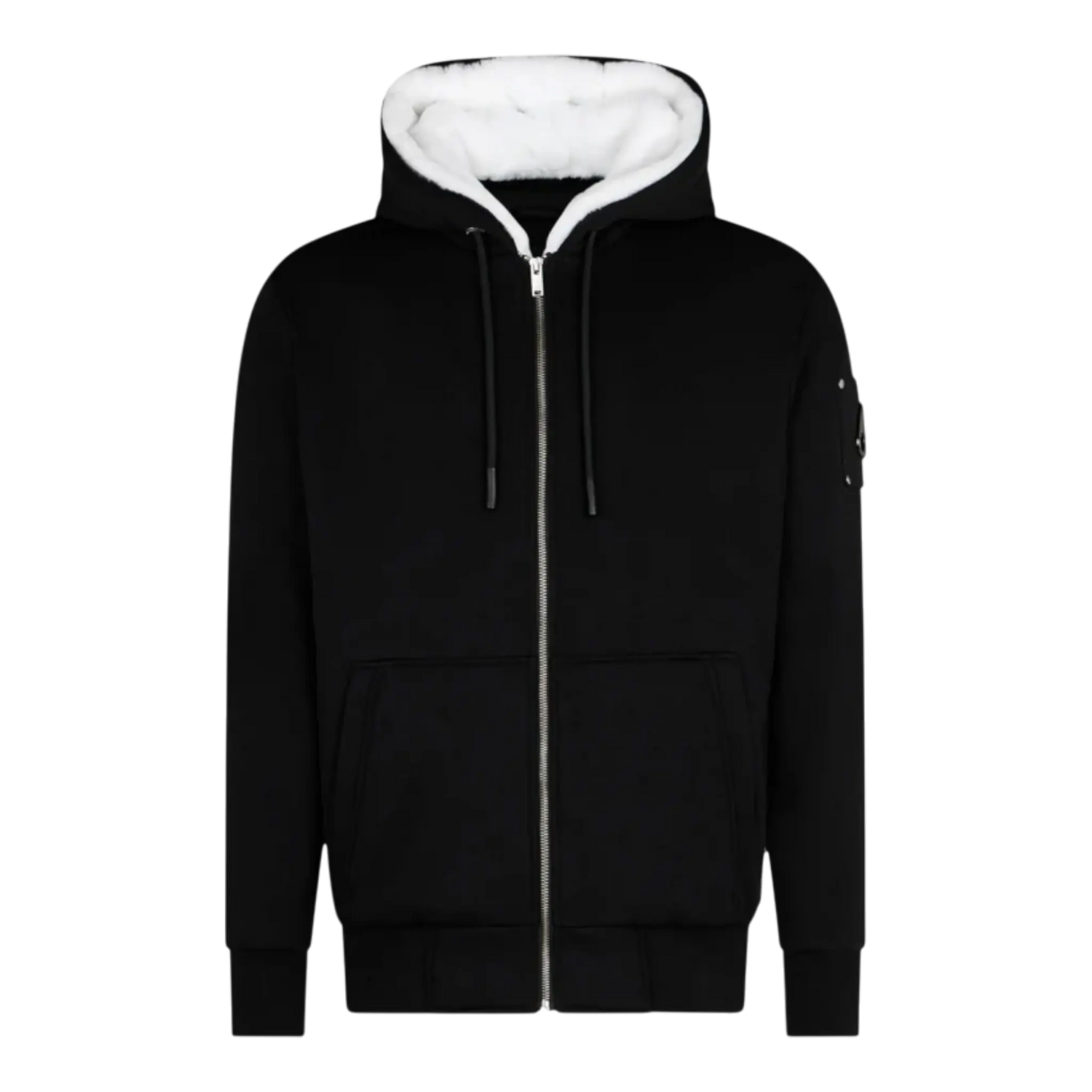 MOOSE KNUCKLES CLASSIC BUNNY MEN Zip-Up Hoodie in black with white fur lining, featuring a front zipper and side pockets.