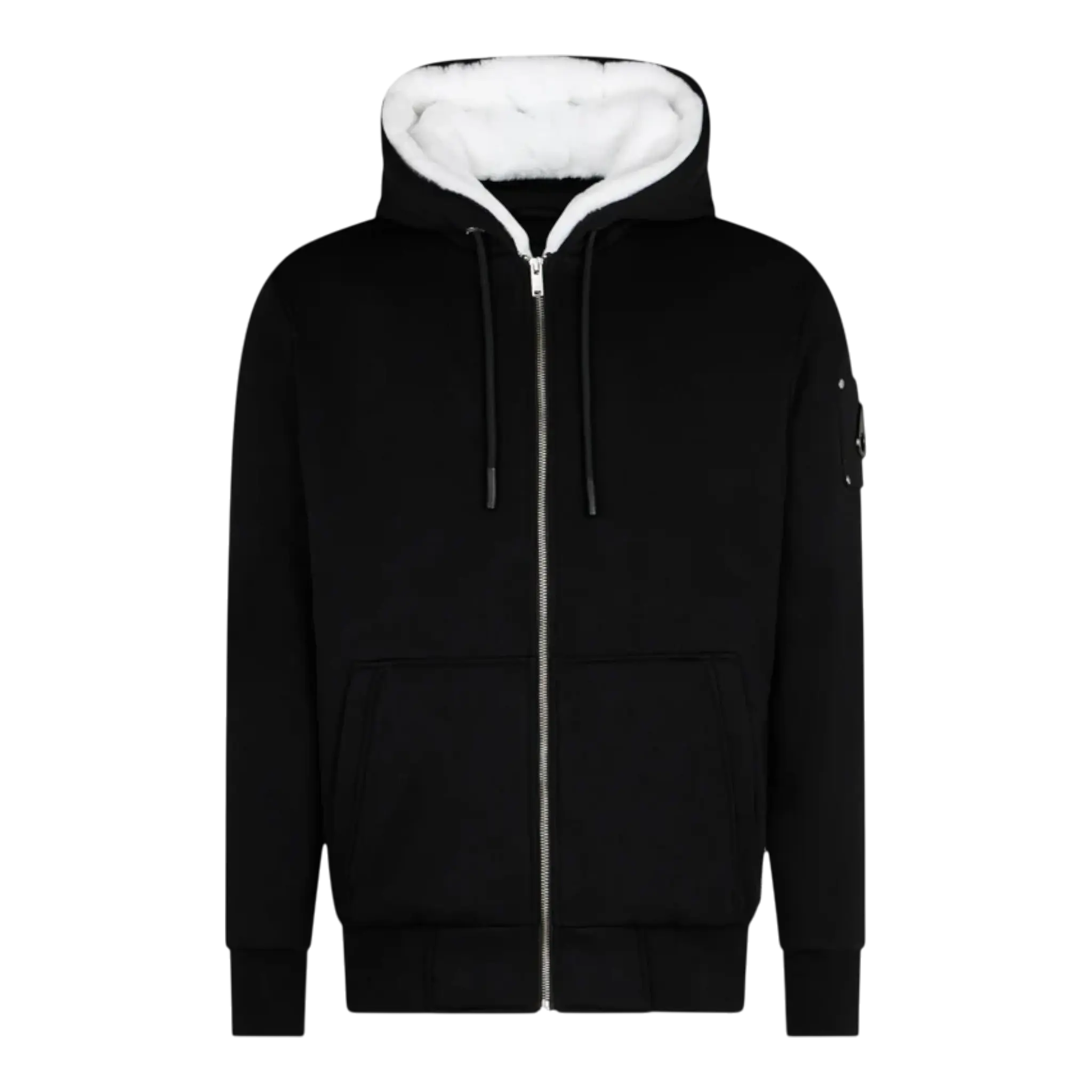 MOOSE KNUCKLES CLASSIC BUNNY MEN Zip-Up Hoodie in black with white fur lining, featuring a front zipper and side pockets.
