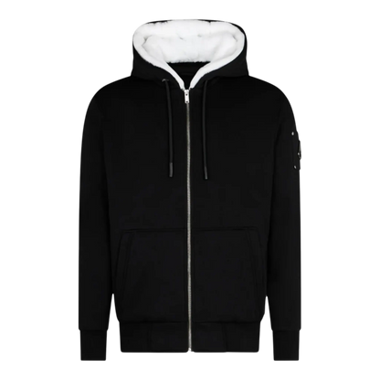 MOOSE KNUCKLES CLASSIC BUNNY MEN Zip-Up Hoodie in black with white fur lining, featuring a front zipper and side pockets.