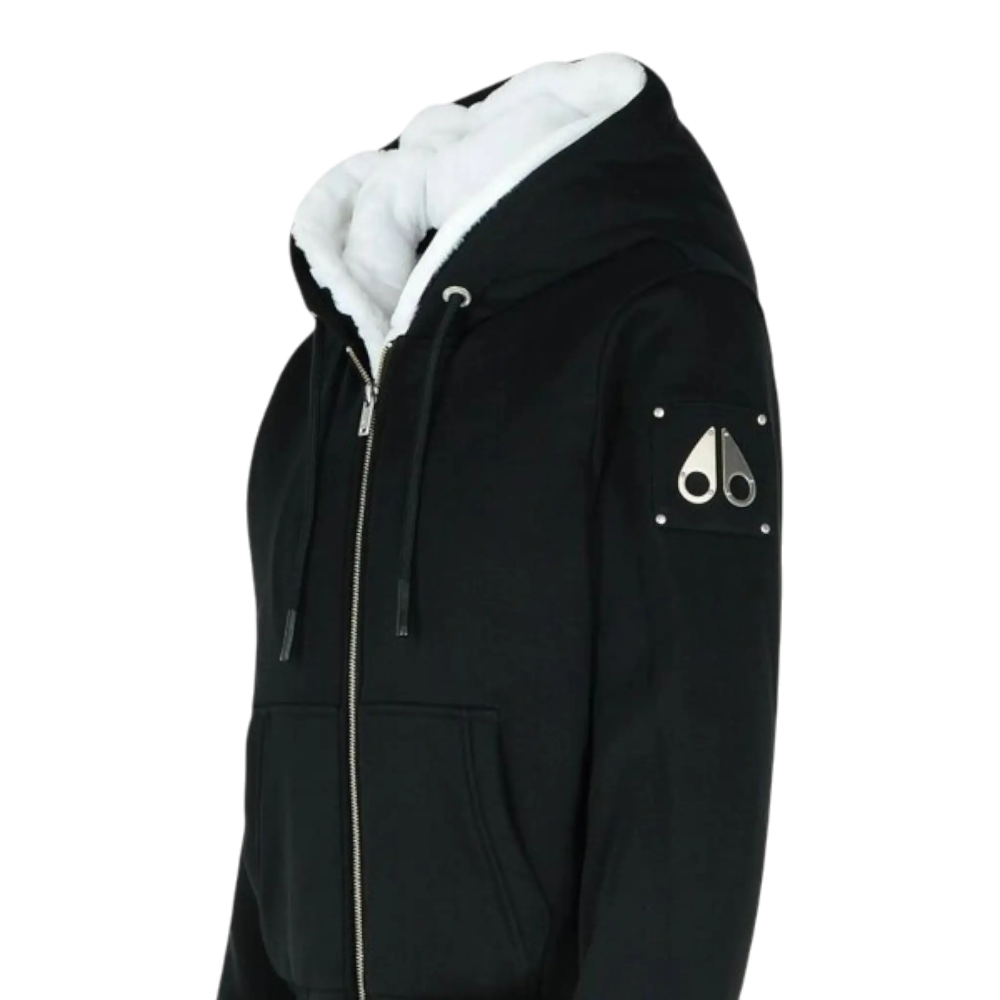 MOOSE KNUCKLES CLASSIC BUNNY MEN Zip-Up Hoodie in black with white fur lining and logo patch on the sleeve.