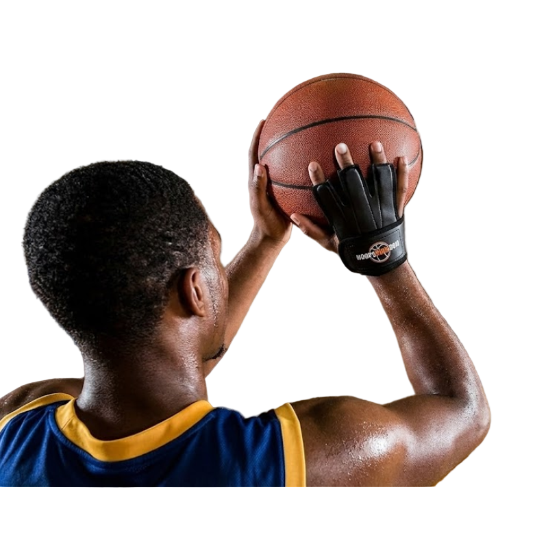 Perfect Jump Shot Glove | Basketball shooting glove worn by a player preparing to shoot a basketball.