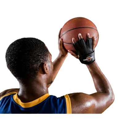 Perfect Jump Shot Glove | Basketball shooting glove worn by a player preparing to shoot a basketball.