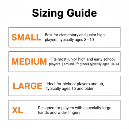 Sizing guide for Perfect Jump Shot Glove, detailing sizes small to XL for basketball players of various age groups.